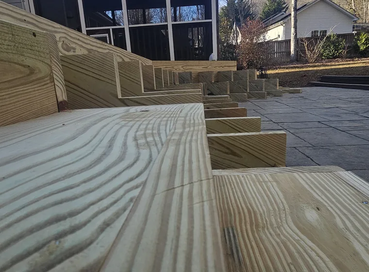 Freshly framed deck stairs and stringers before the treads go on