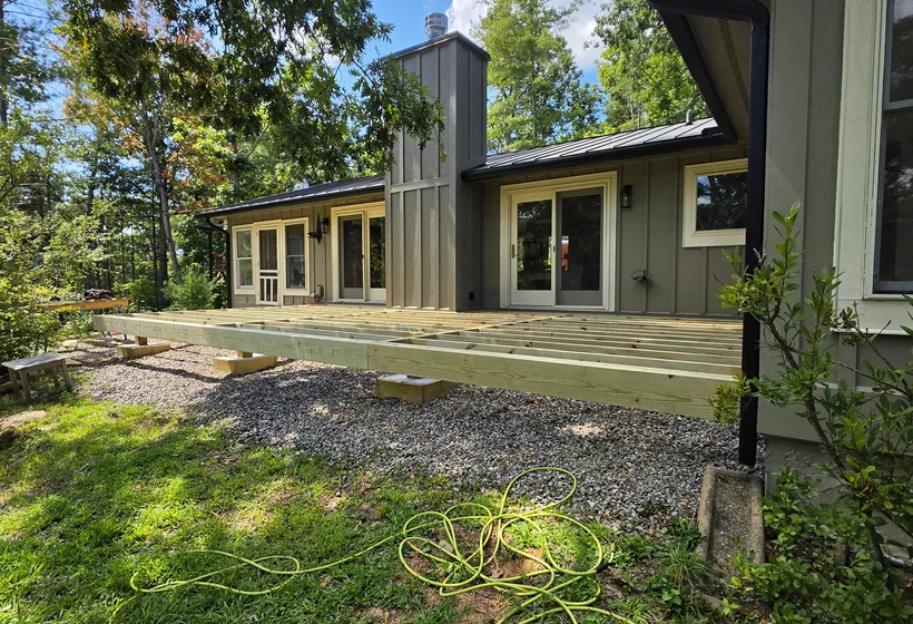 Modern custom home with a new deck being built along the rear